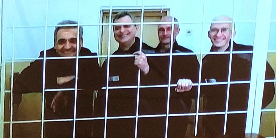Left to right: Alam Aliyev, Valeriy Kriger, Dmitriy Zagulin and Sergey Shulyarenko attend the hearing via video link on March 27, 2024