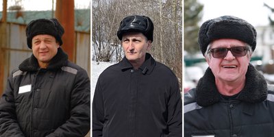 Artur Putintsev, Vladimir Melnik e Vladimir Piskarev no dia do lançamento, 9 de abril de 2025